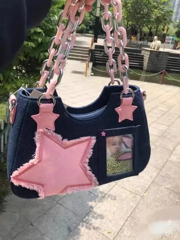 2024 Harajuku Star Denim Tote Bag - Luxury Chain Square Handbag for Women