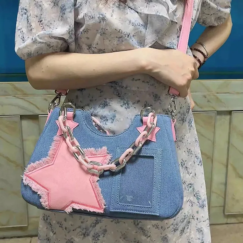 2024 Harajuku Star Denim Tote Bag - Luxury Chain Square Handbag for Women