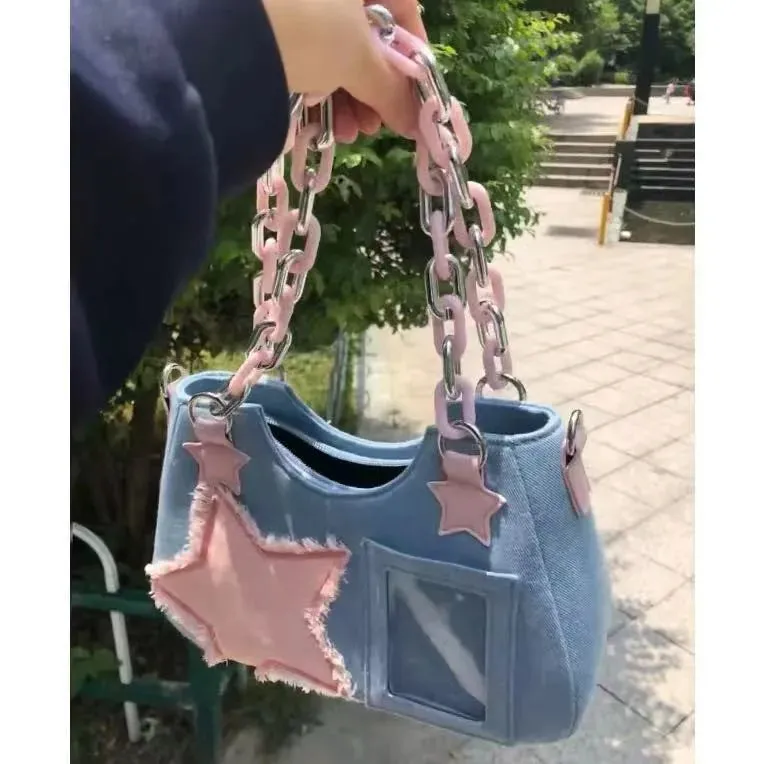 2024 Harajuku Star Denim Tote Bag - Luxury Chain Square Handbag for Women