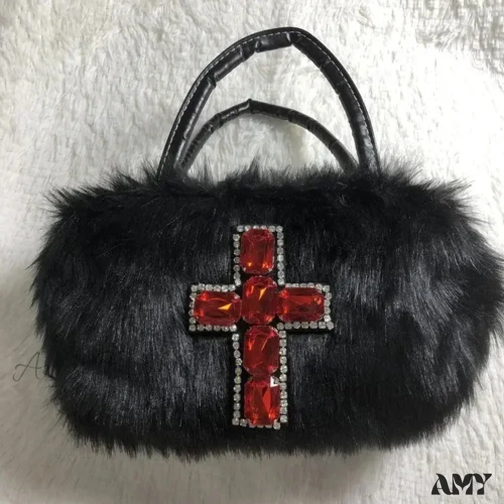 Bag Punk Y2K Gothic Applique Shoulder Harajuku Hop Soft Cross Black Plush Hip