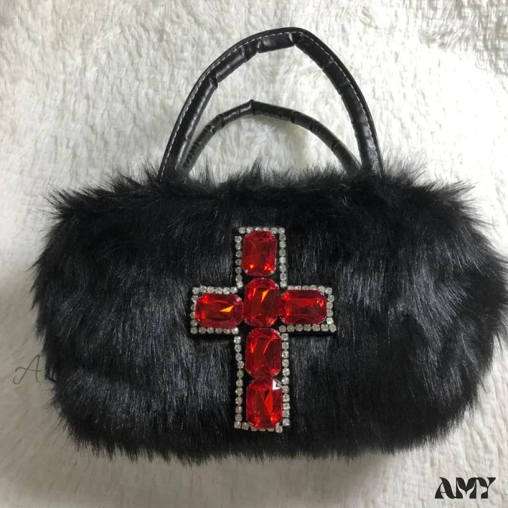 Bag Punk Y2K Gothic Applique Shoulder Harajuku Hop Soft Cross Black Plush Hip