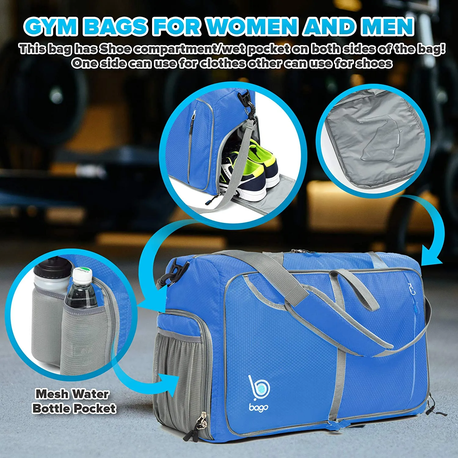 Bago Gym Bags for Women and Men - Packable Sports Duffle Bag for Women with Shoe & Wet Compartment