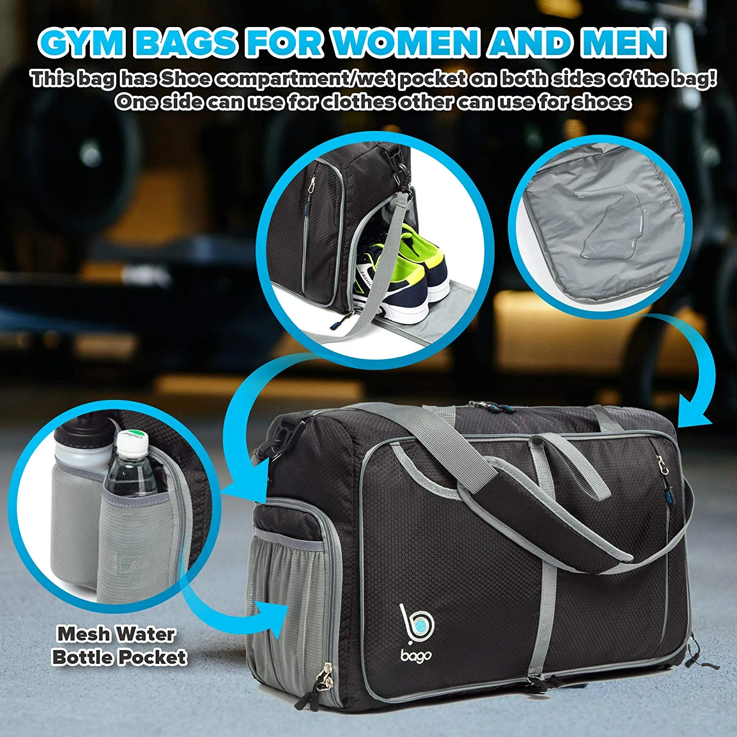 Bago Gym Bags for Women and Men - Packable Sports Duffle Bag for Women with Shoe & Wet Compartment