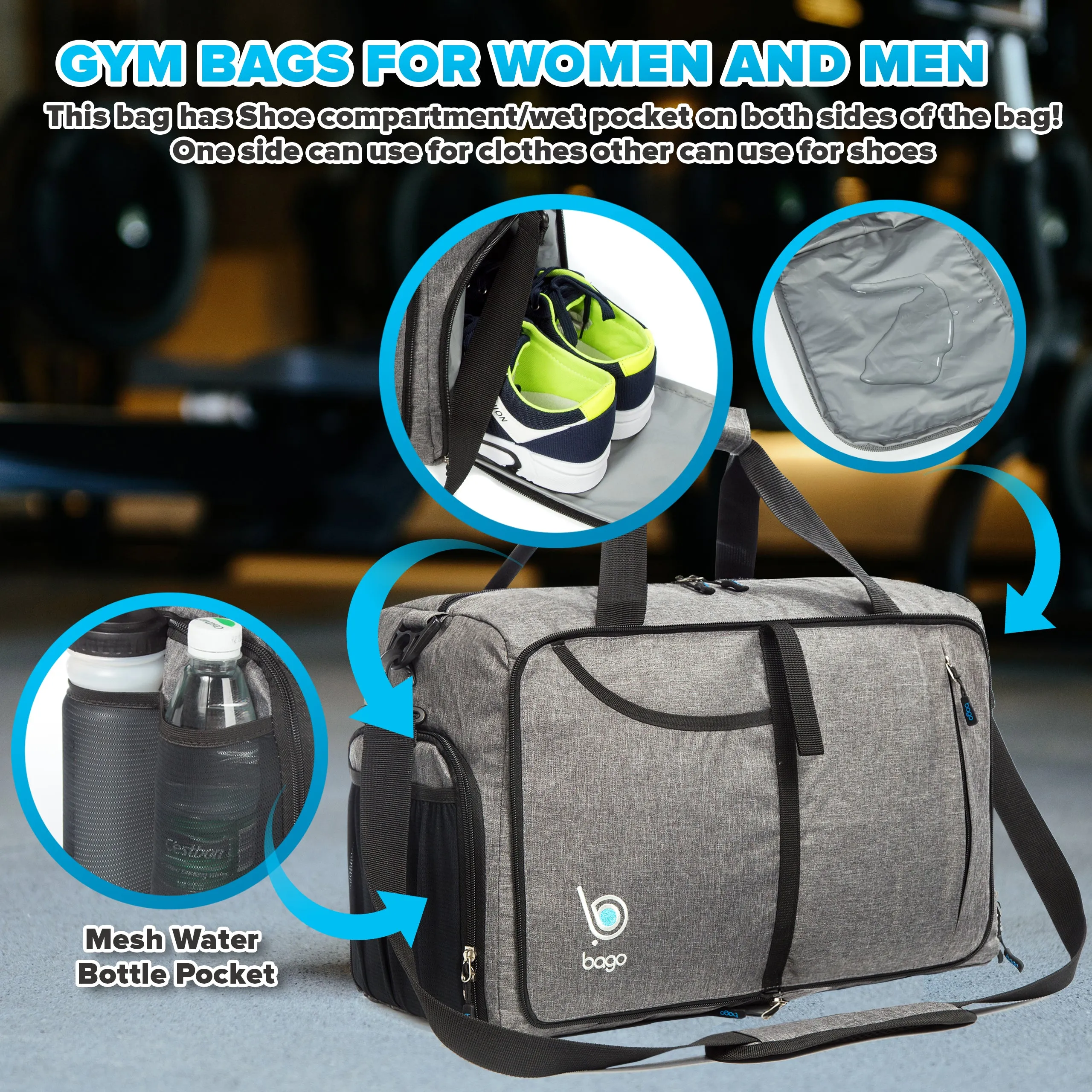 Bago Gym Bags for Women and Men - Packable Sports Duffle Bag for Women with Shoe & Wet Compartment