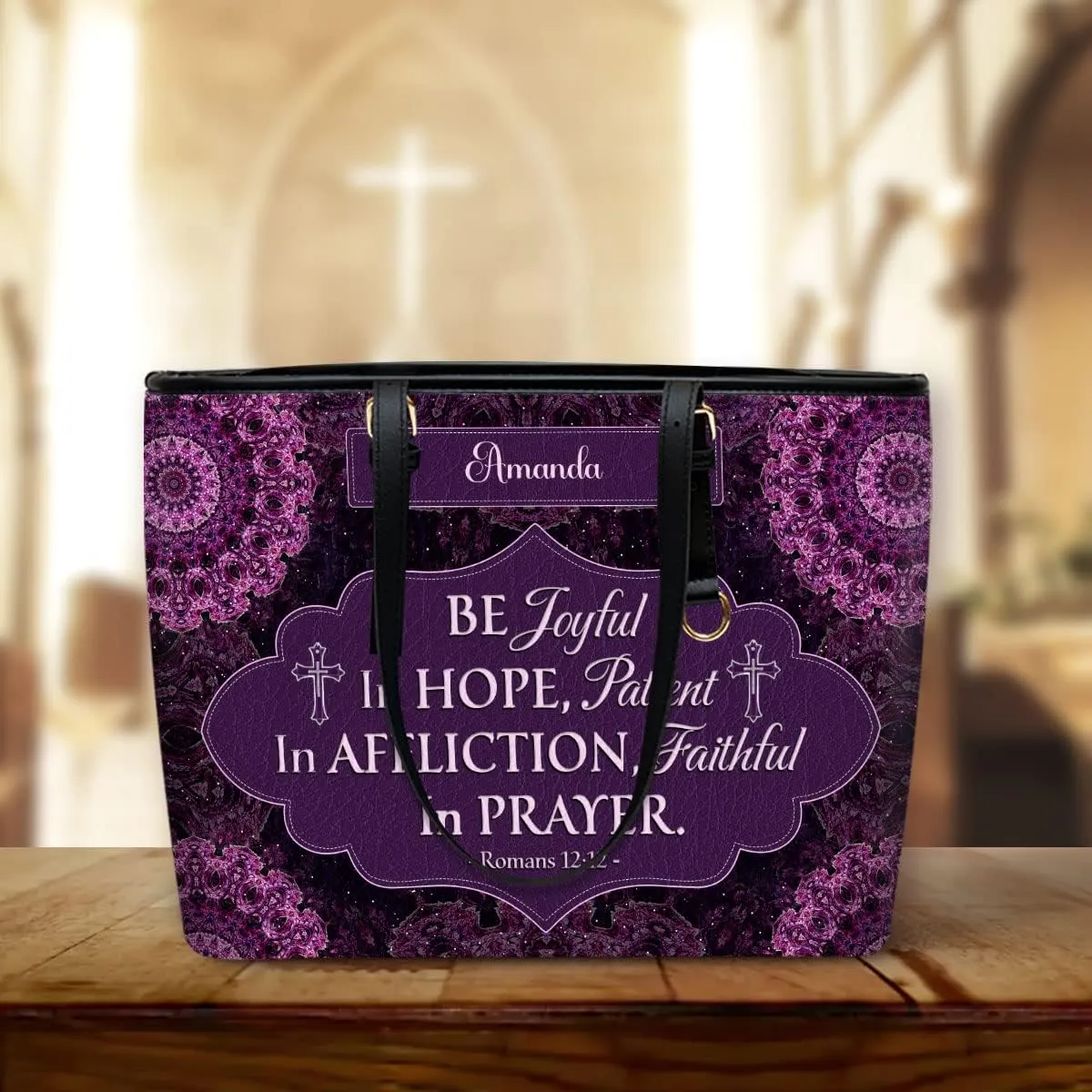 Be Joyful in Hope Personalized Large Leather Tote Bag - Christian Inspirational Gifts For Women