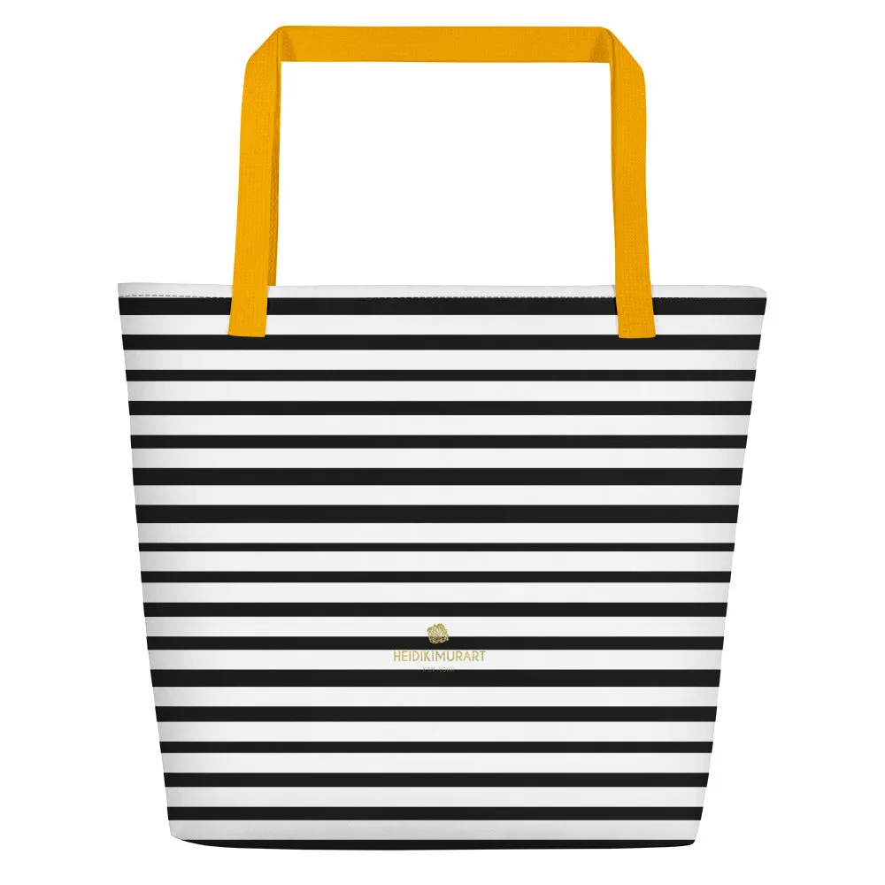 Black Striped Tote Bag, Horizontal Stripe 16"x20" Large Beach Tote Bag- Made in USA/EU