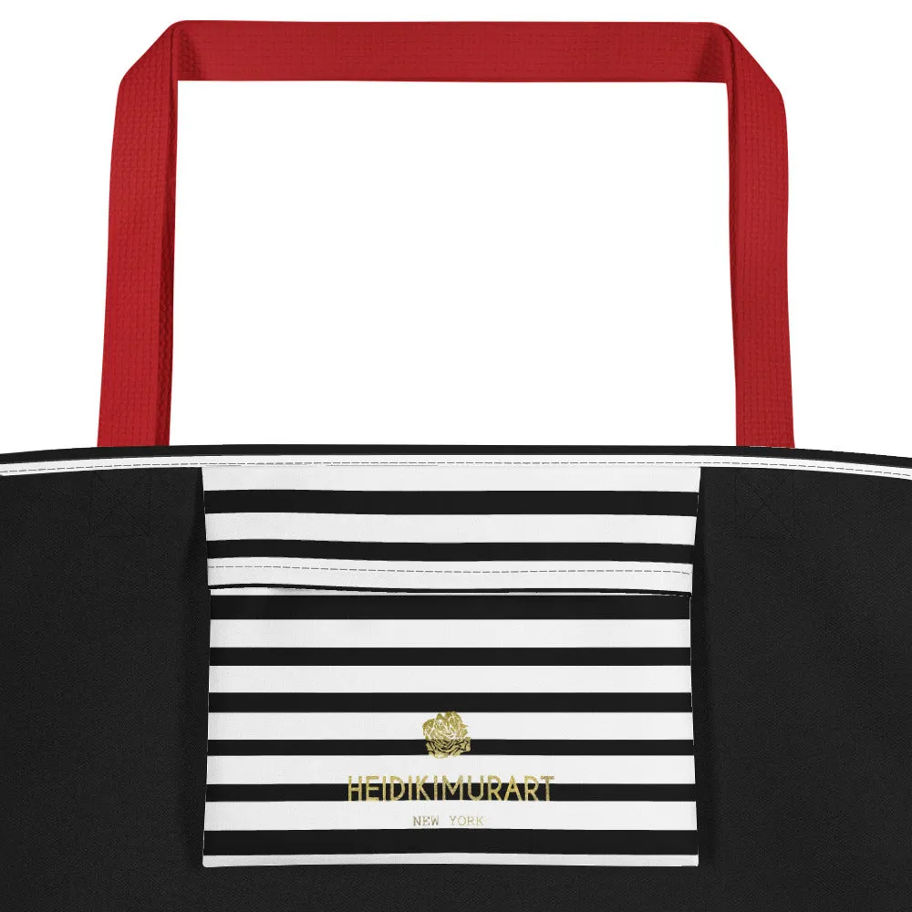 Black Striped Tote Bag, Horizontal Stripe 16"x20" Large Beach Tote Bag- Made in USA/EU