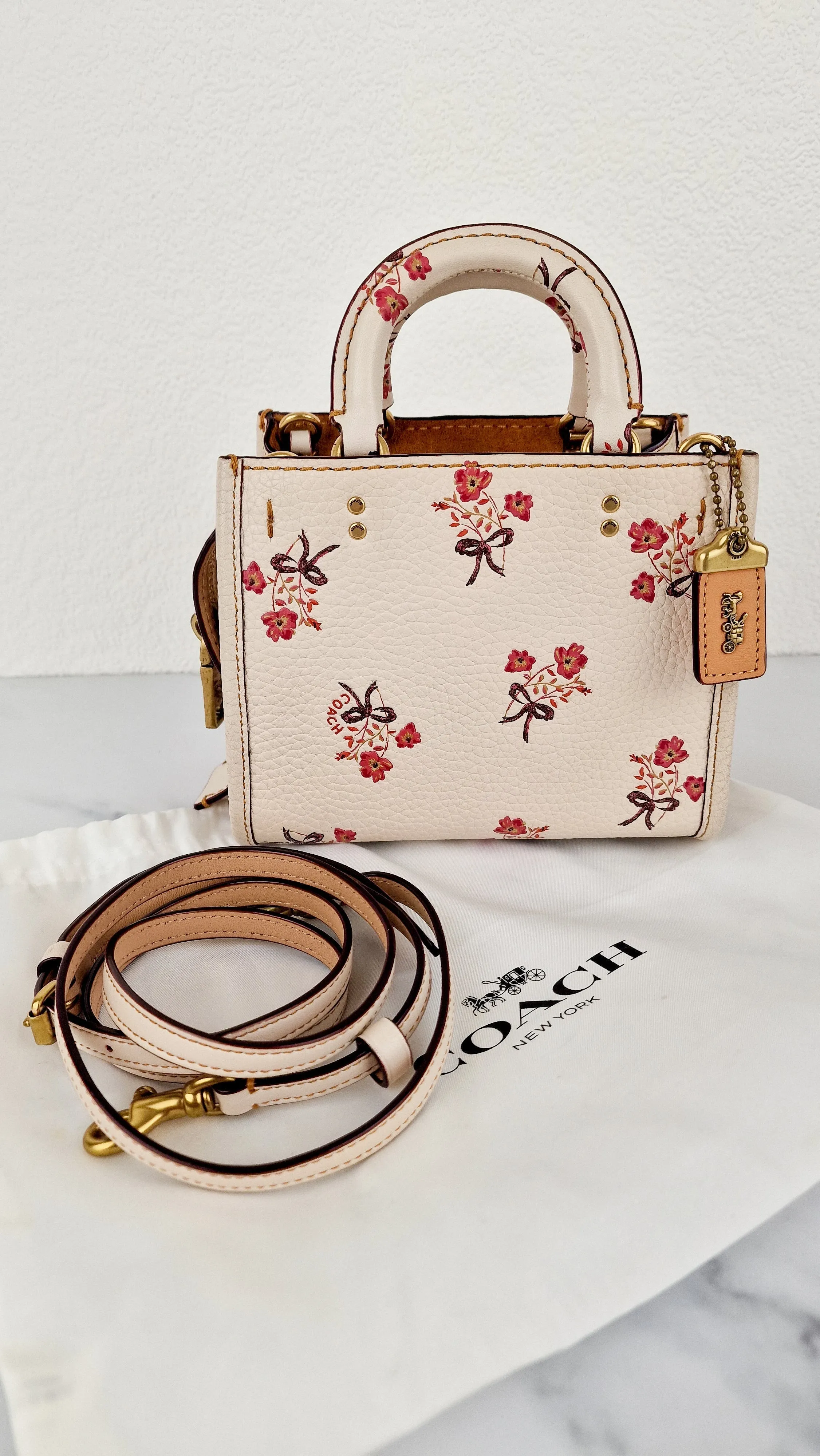 Coach 1941 Rogue 17 Floral Bow Chalk White Crossbody Bag Mini Bag in Pebbled Leather - Coach 26835