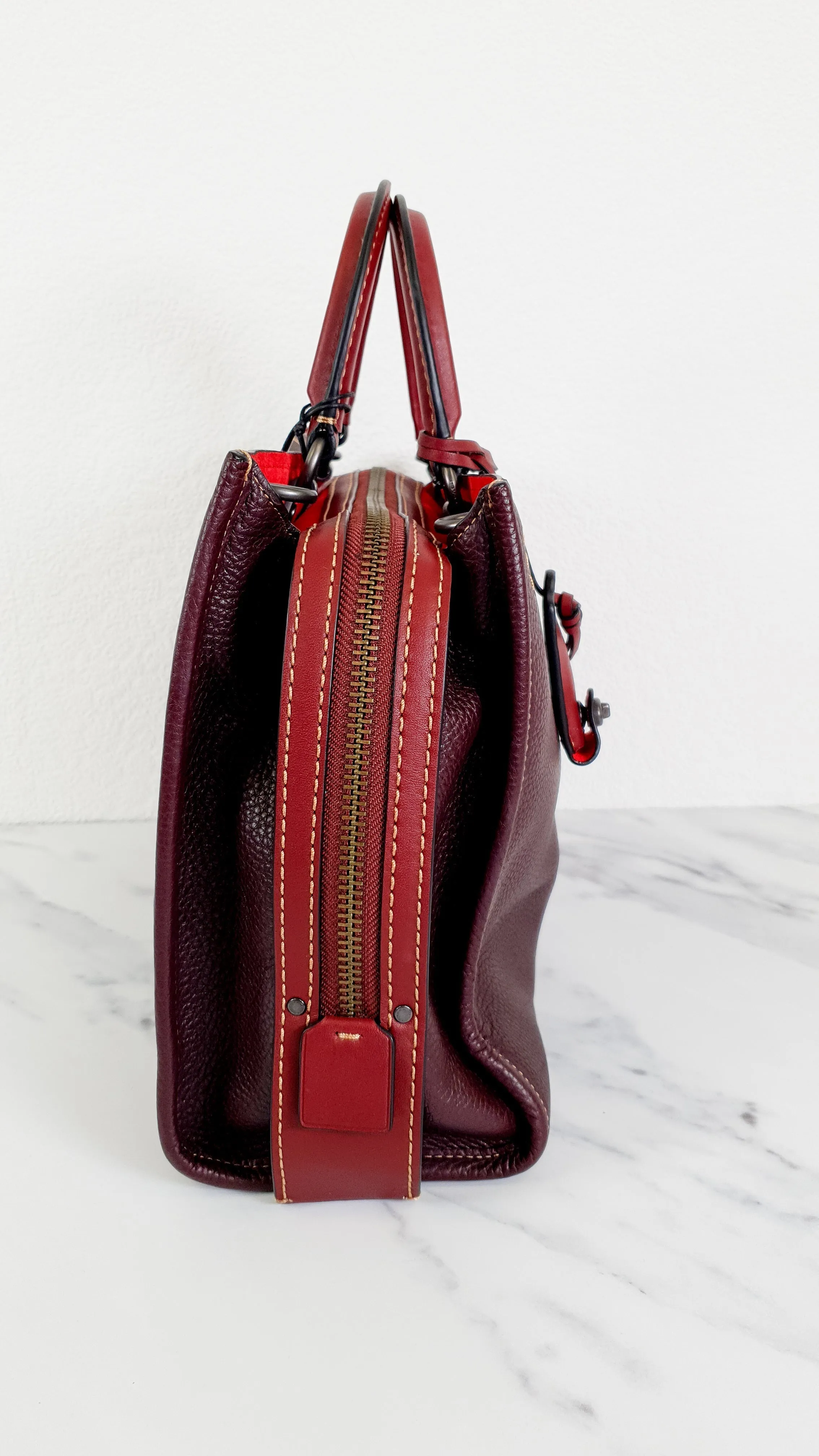 Coach 1941 Rogue 31 in Oxblood Pebble Leather With Red Suede Lining - Satchel Handbag - Coach 38124