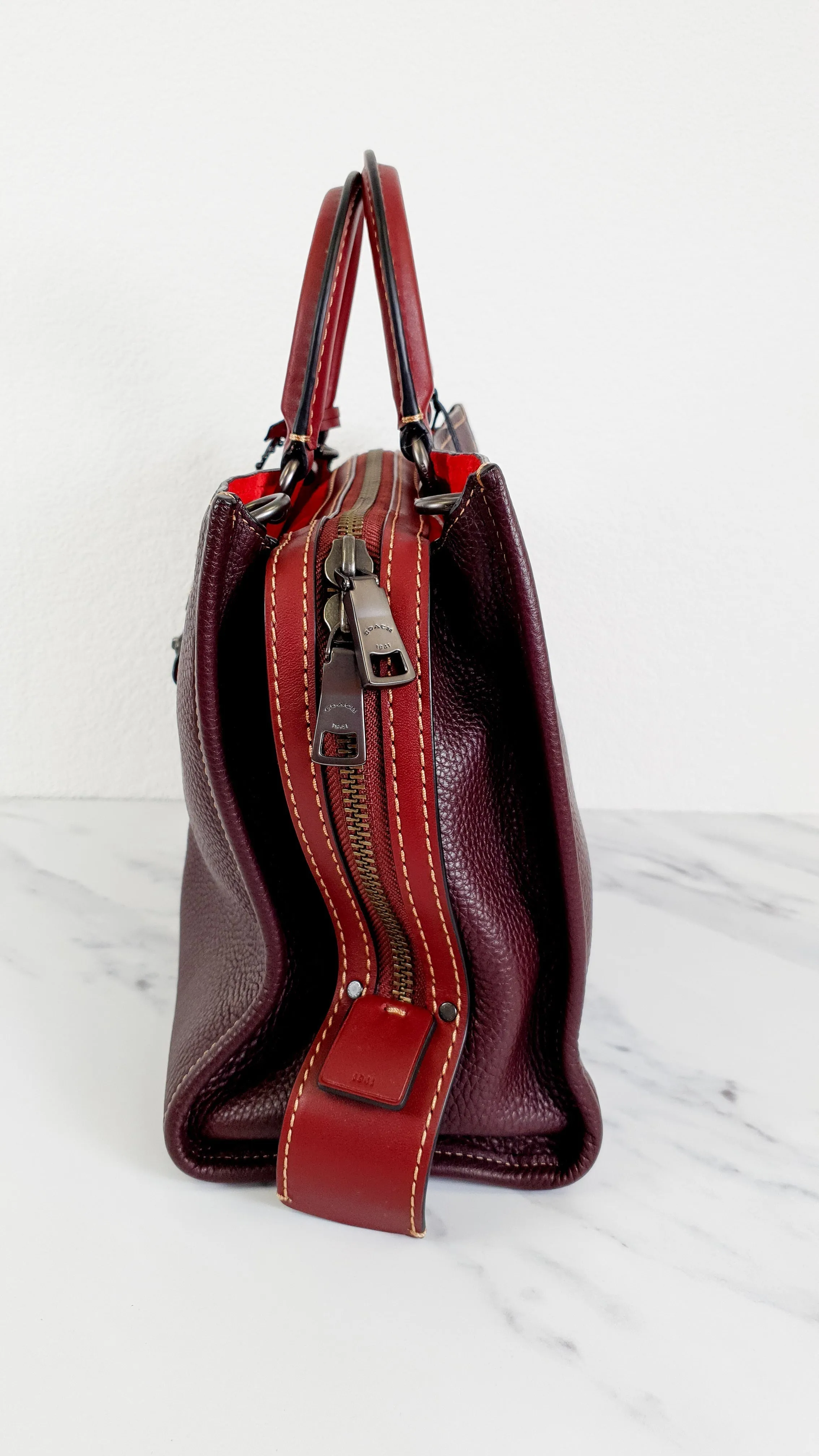 Coach 1941 Rogue 31 in Oxblood Pebble Leather With Red Suede Lining - Satchel Handbag - Coach 38124