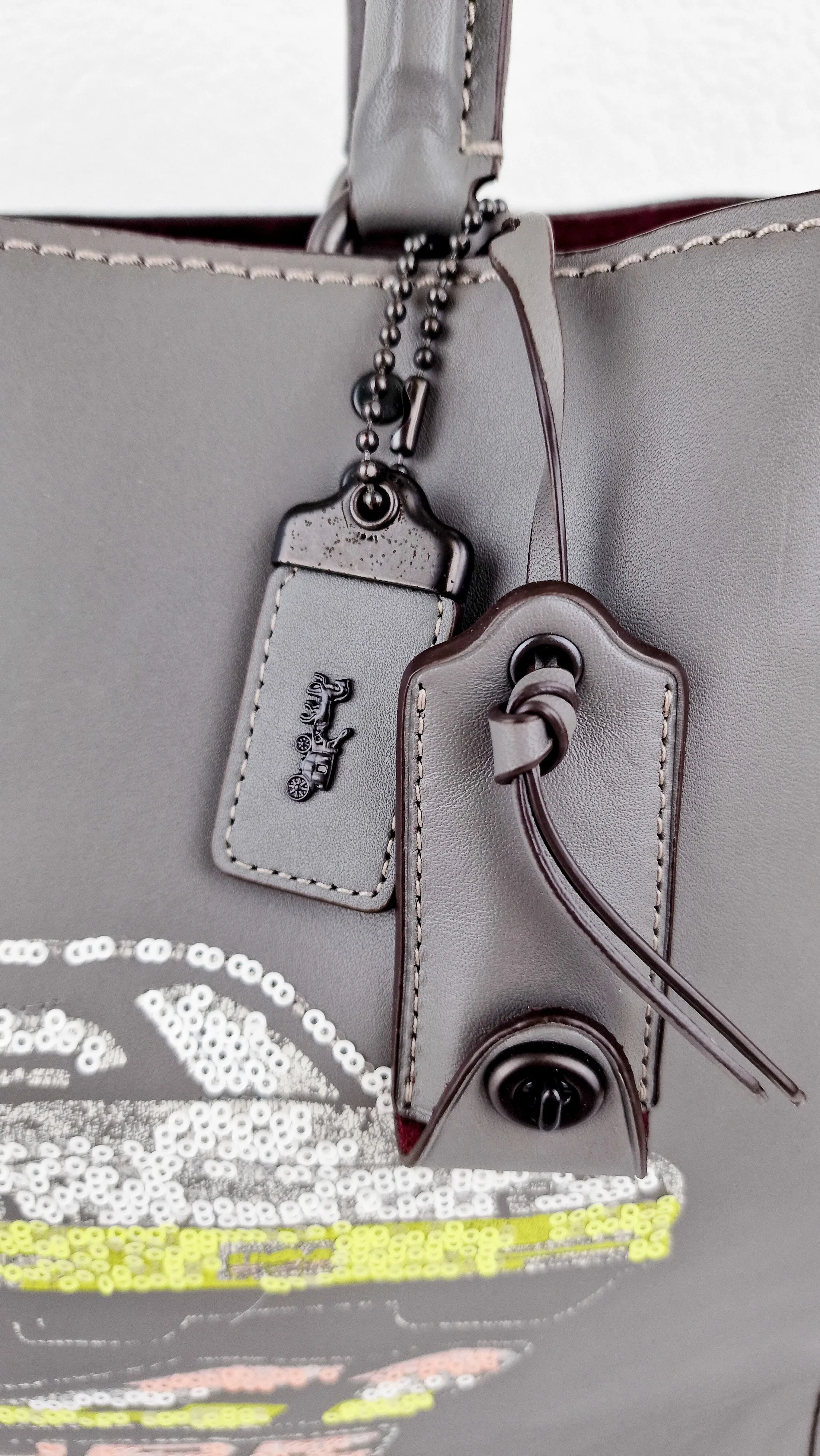 Coach Rogue 36 in Grey Glovetanned Leather with Car Embellishment - Shoulder Bag Handbag - Coach 58150