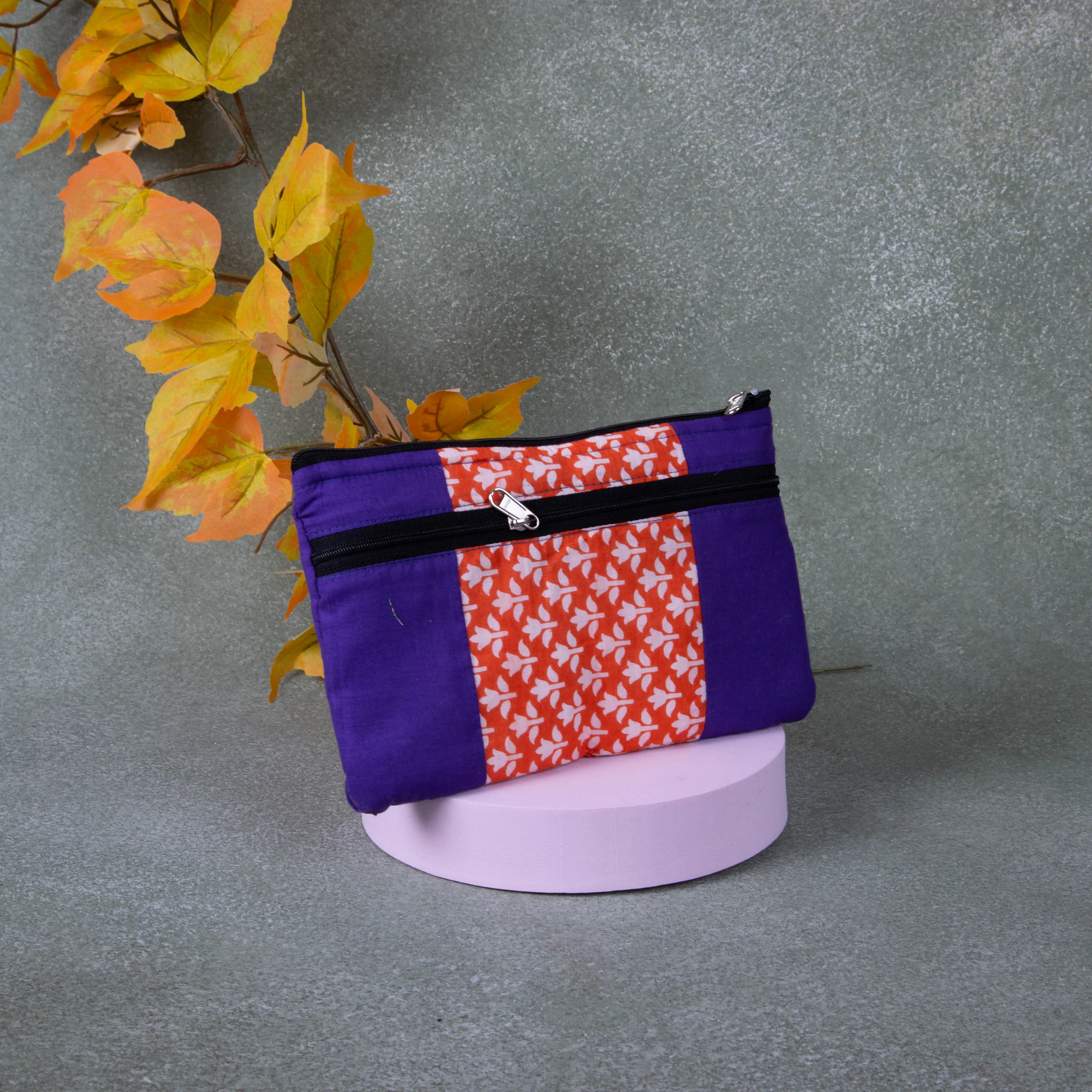 Cotton Multizip Purse Blue with Orange white Flower Design