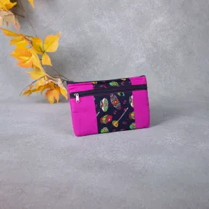 Cotton Multizip Purse Pink with Black Instrument Design.