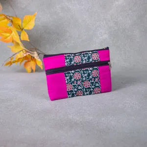 Cotton Multizip Purse Pink with Green Prints.