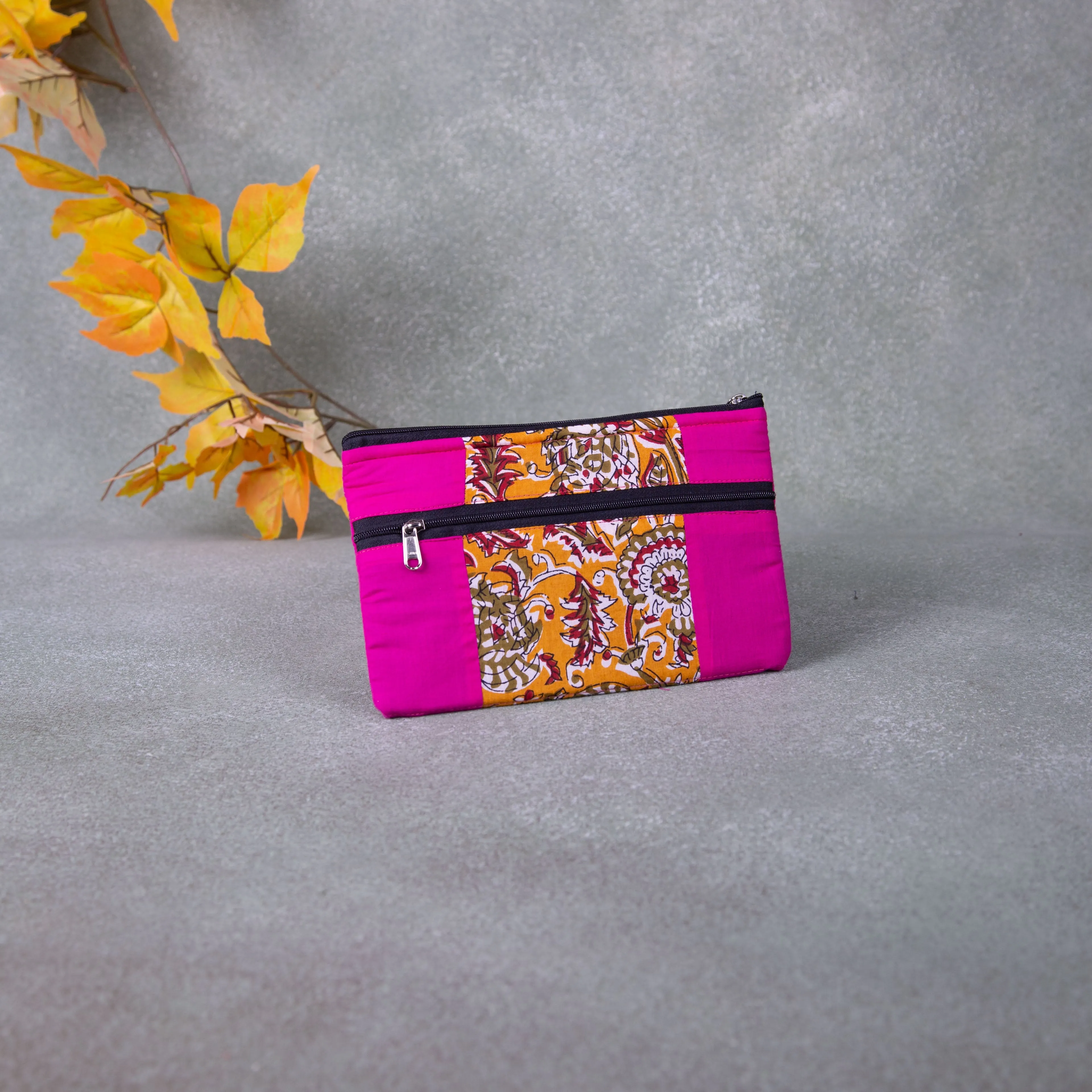 Cotton Multizip Purse Pink With Mustered Flower Design.