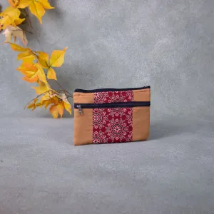 Cotton Multizip Purse Yellow with Maroon Flower Design.