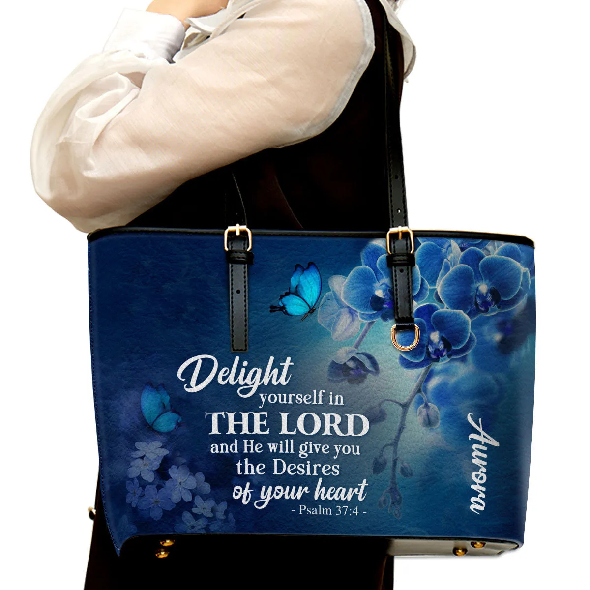 Delight Yourself In The Lord Psalm 374 Blue Orchids And Lilac Personalized Large Leather Tote Bag - Christian Gifts For Women