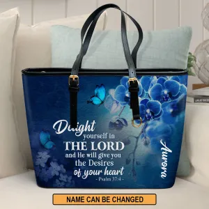 Delight Yourself In The Lord Psalm 374 Blue Orchids And Lilac Personalized Large Leather Tote Bag - Christian Gifts For Women