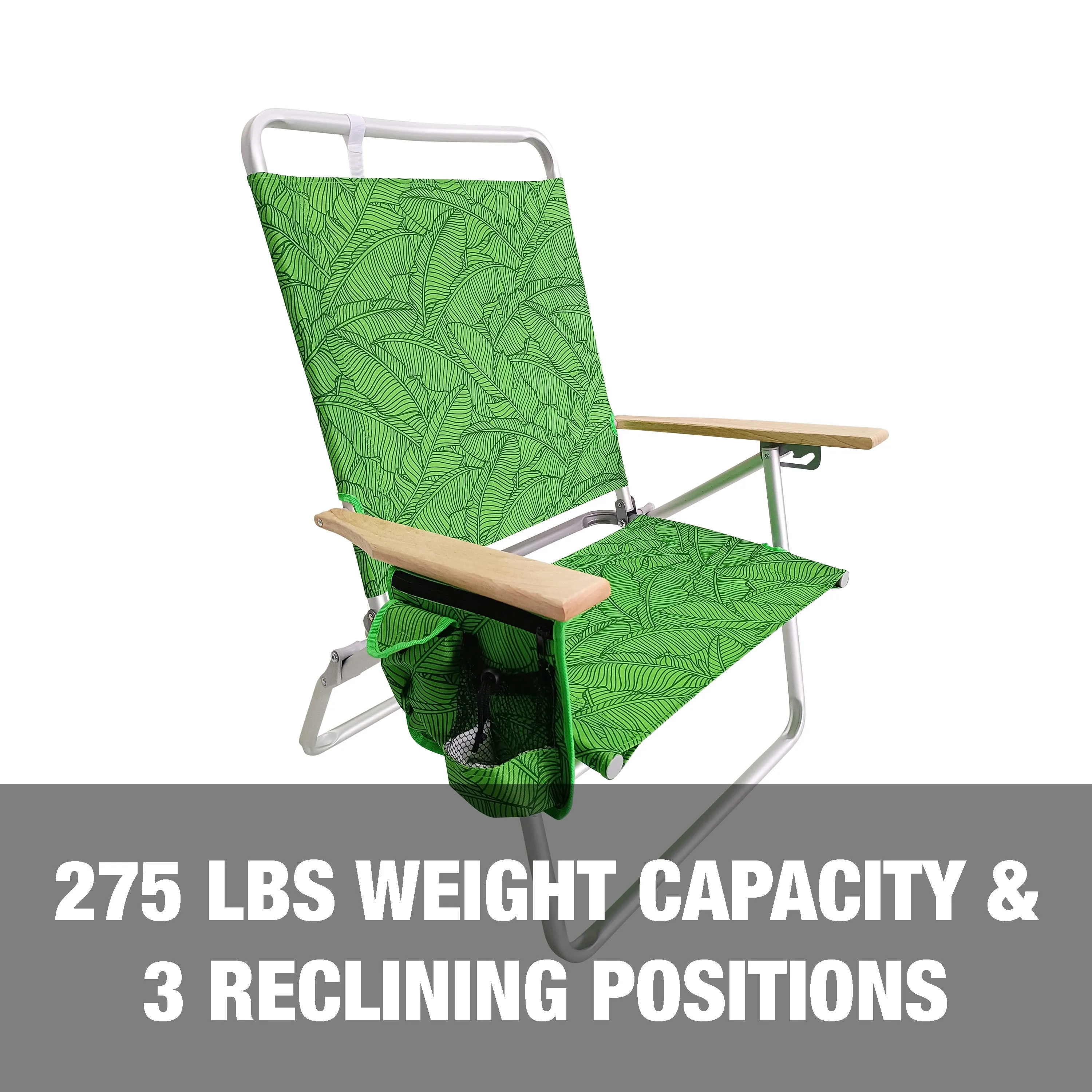 Foldable Beach Chair W/ Side Pocket | 3 Reclining Positions | Storage Pouch, Phone Holder, & Cup Holder Included | 275 Lb. Capacity