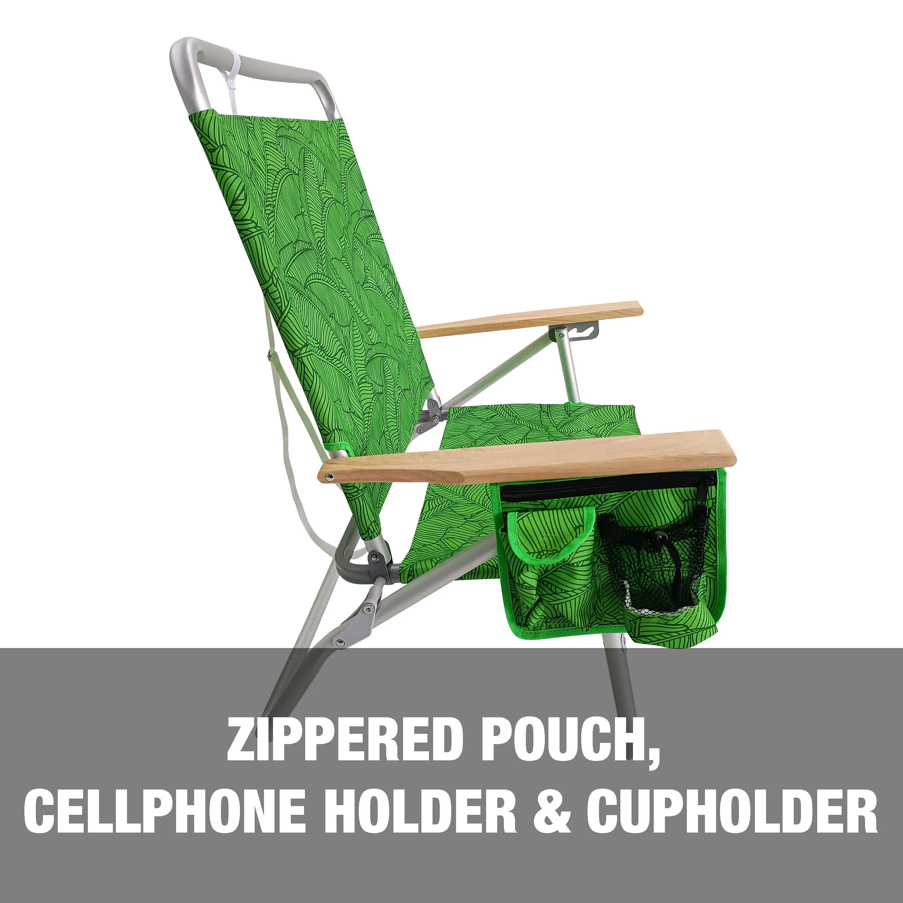 Foldable Beach Chair W/ Side Pocket | 3 Reclining Positions | Storage Pouch, Phone Holder, & Cup Holder Included | 275 Lb. Capacity