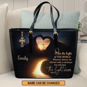 I Am The Light Of The World Personalized Large Leather Tote Bag - Christian Inspirational Gifts For Women