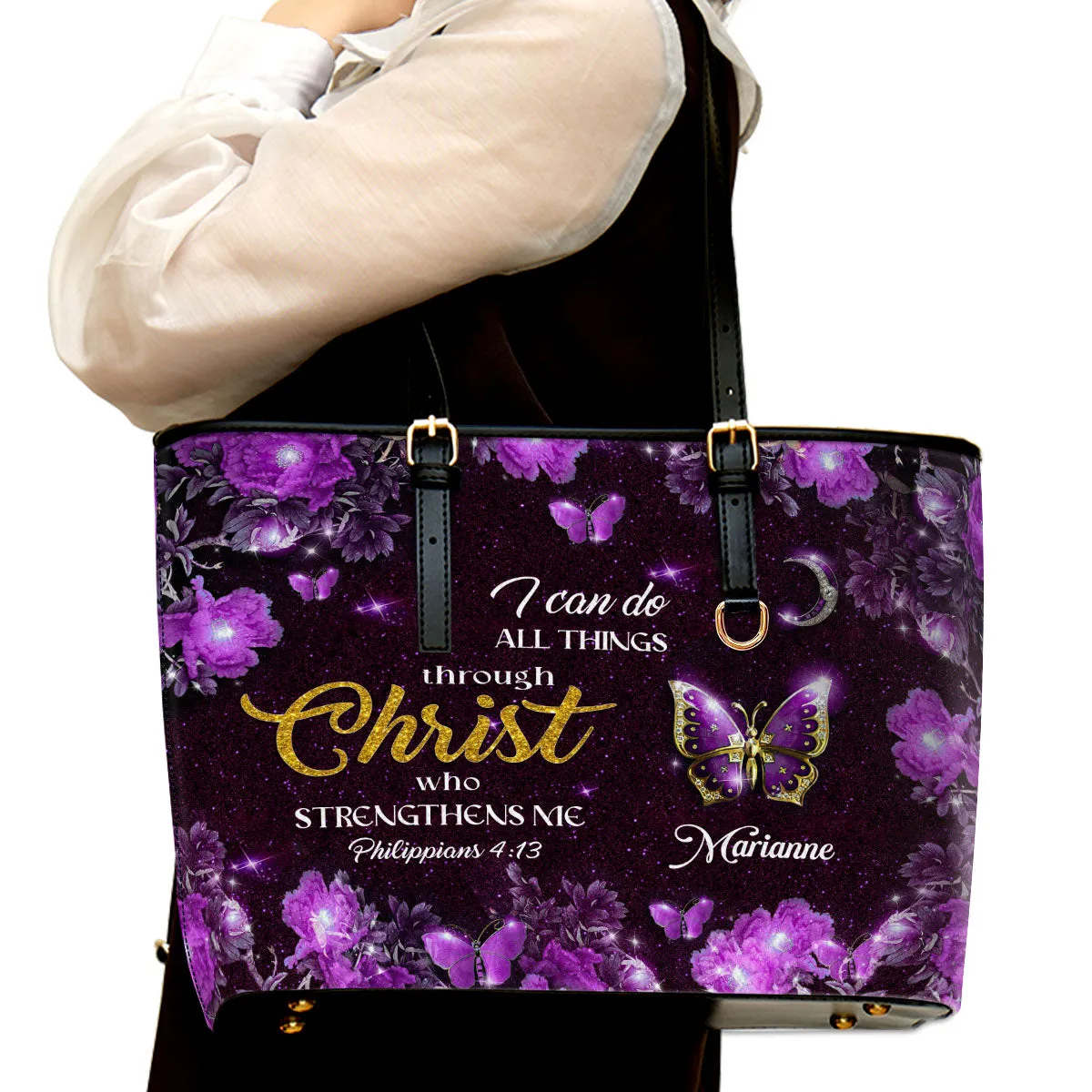 I Can Do All Things Through Christ Philippians 413 Personalized Large Leather Tote Bag - Christian Inspirational Gifts For Women