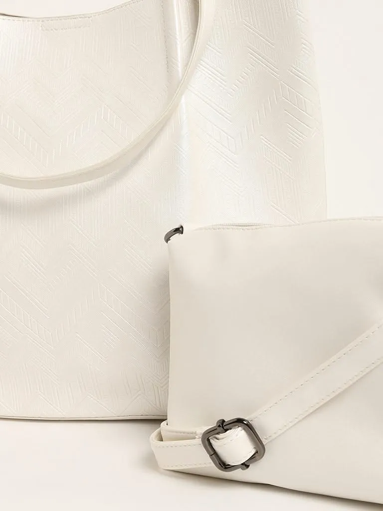 LOV White Quilted Chevron Tote Bag & Pouch Set