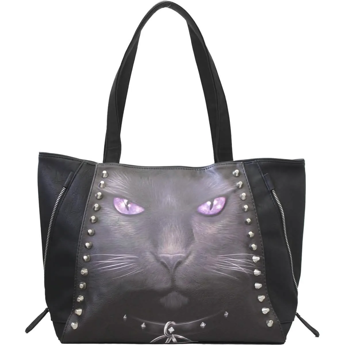 Mystical Black Cat Studded Tote Bag in Luxurious PU Leather