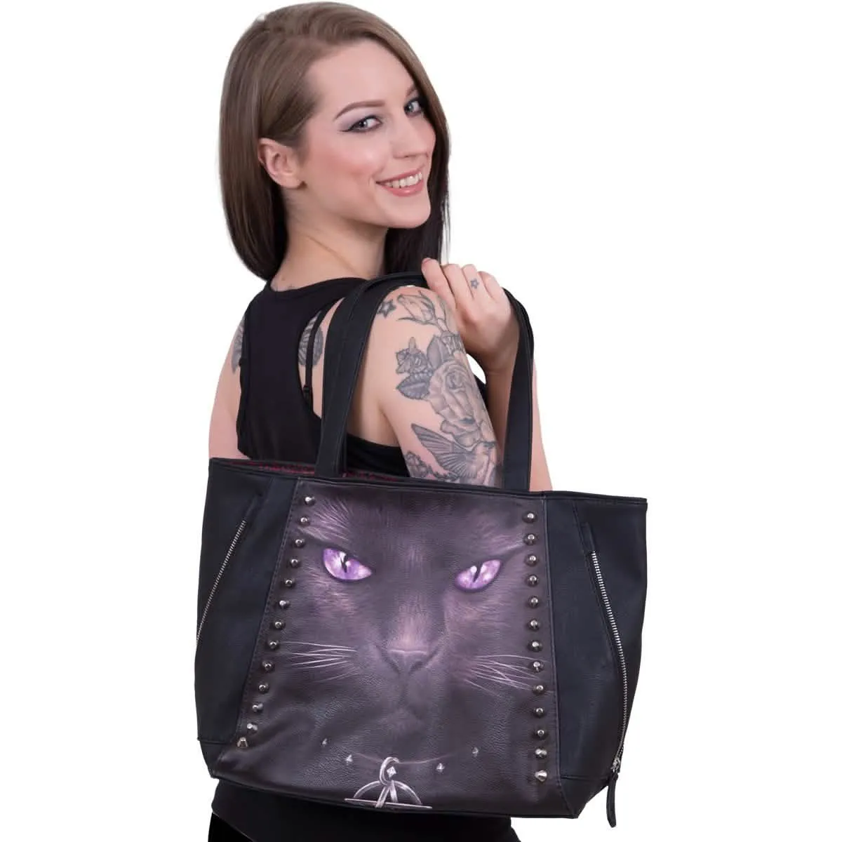 Mystical Black Cat Studded Tote Bag in Luxurious PU Leather