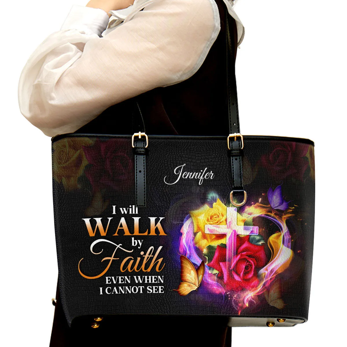 Personalized Large Leather Tote Bag I Will Walk By Faith Even When I Cannot See - Spiritual Gifts For Christian Women