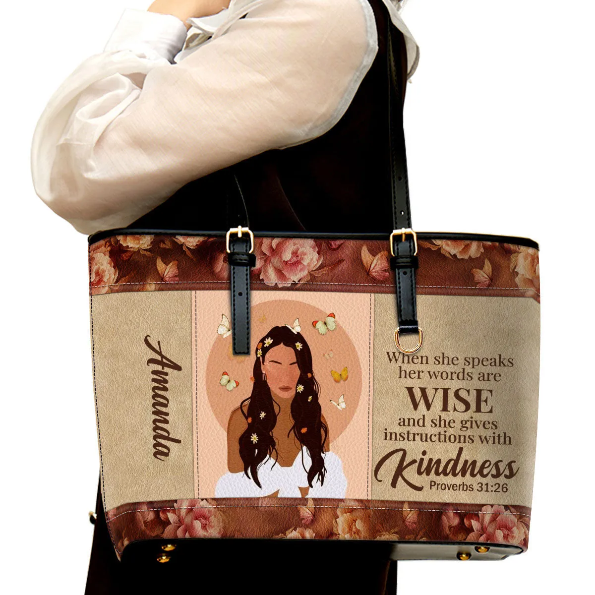 Personalized Large Leather Tote Bag She Gives Instructions With Kindness - Spiritual Gifts For Christian Women