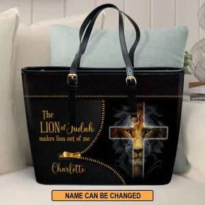 Personalized Large Leather Tote Bag The Lion Of Judah Makes Lion Out Of Me - Spiritual Gifts For Christian Women