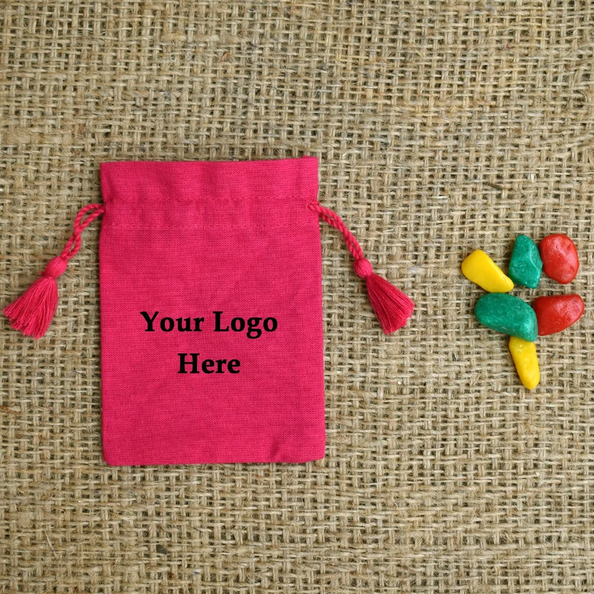 Personalized Logo Small Drawstring Tassels Cotton Bags Handmade Jewelry Pink Pouches - CraftJaipur