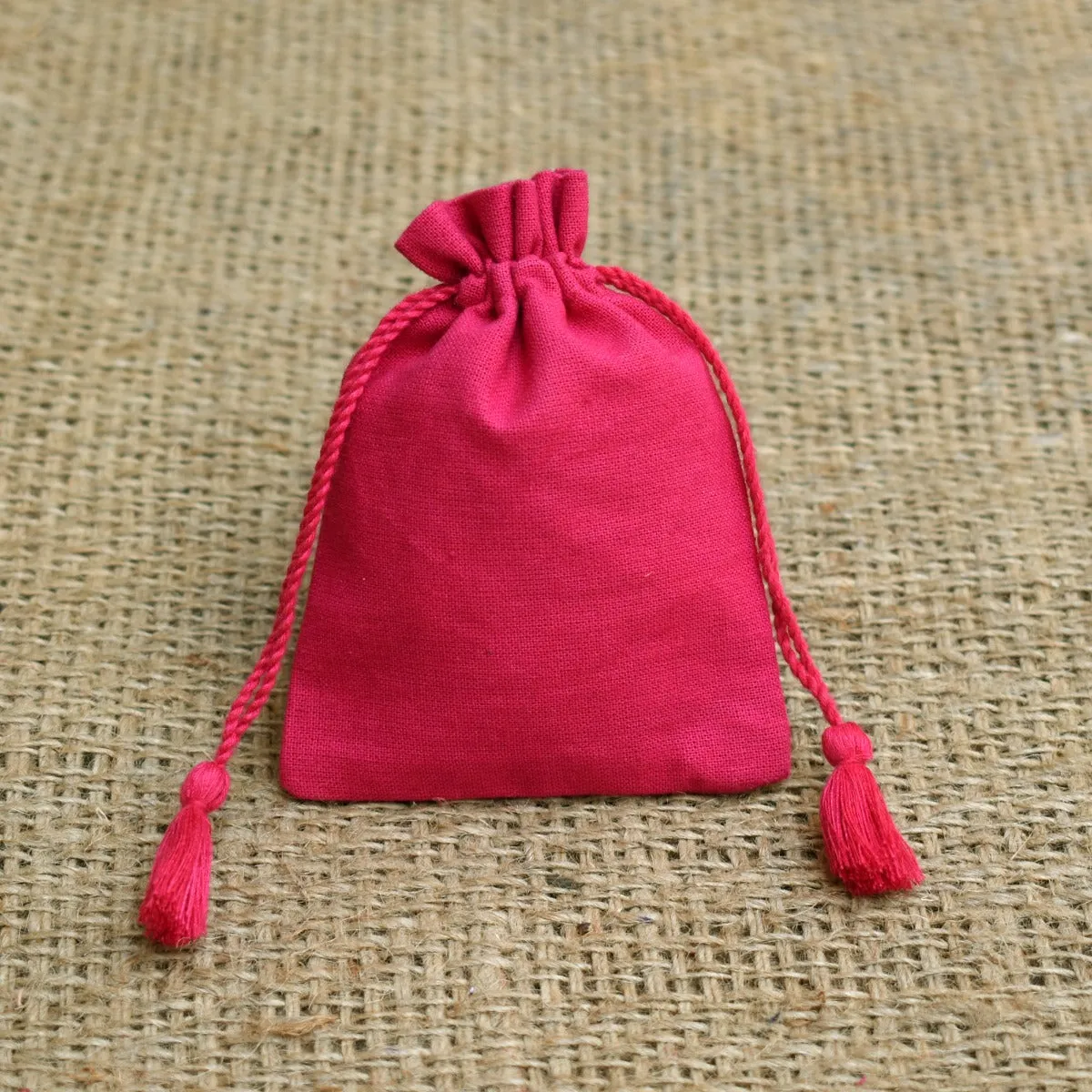 Personalized Logo Small Drawstring Tassels Cotton Bags Handmade Jewelry Pink Pouches - CraftJaipur