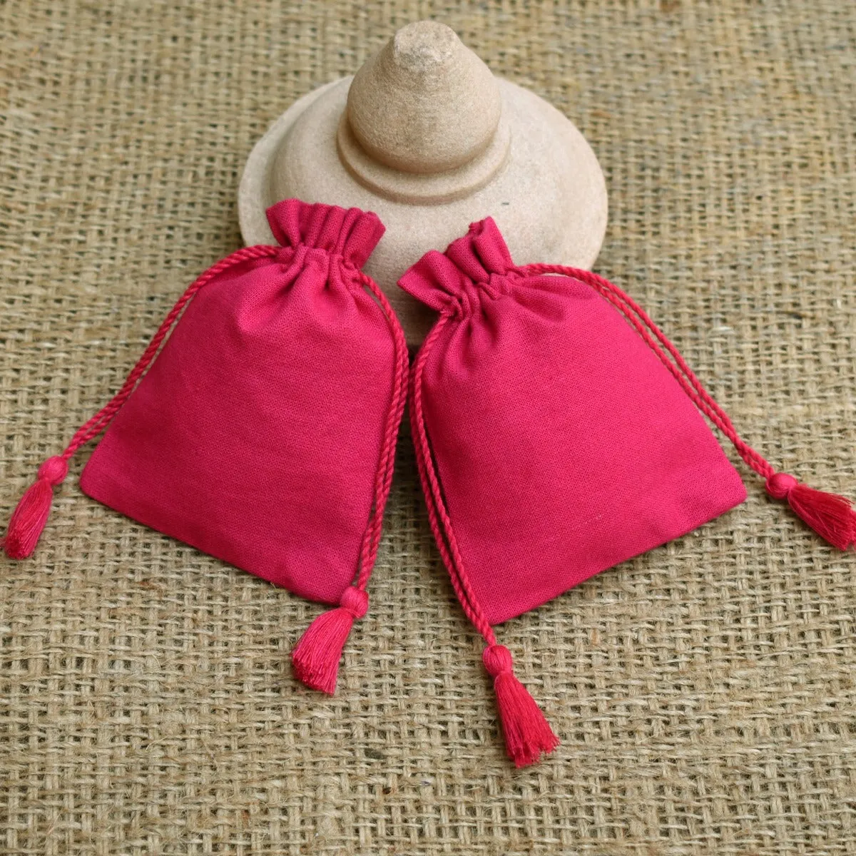 Personalized Logo Small Drawstring Tassels Cotton Bags Handmade Jewelry Pink Pouches - CraftJaipur