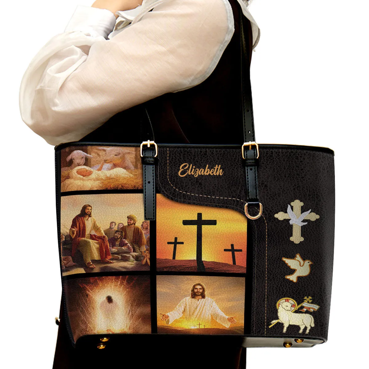 Picture of Jesus Personalized Large Leather Tote Bag - Religious Gifts For Women Of God