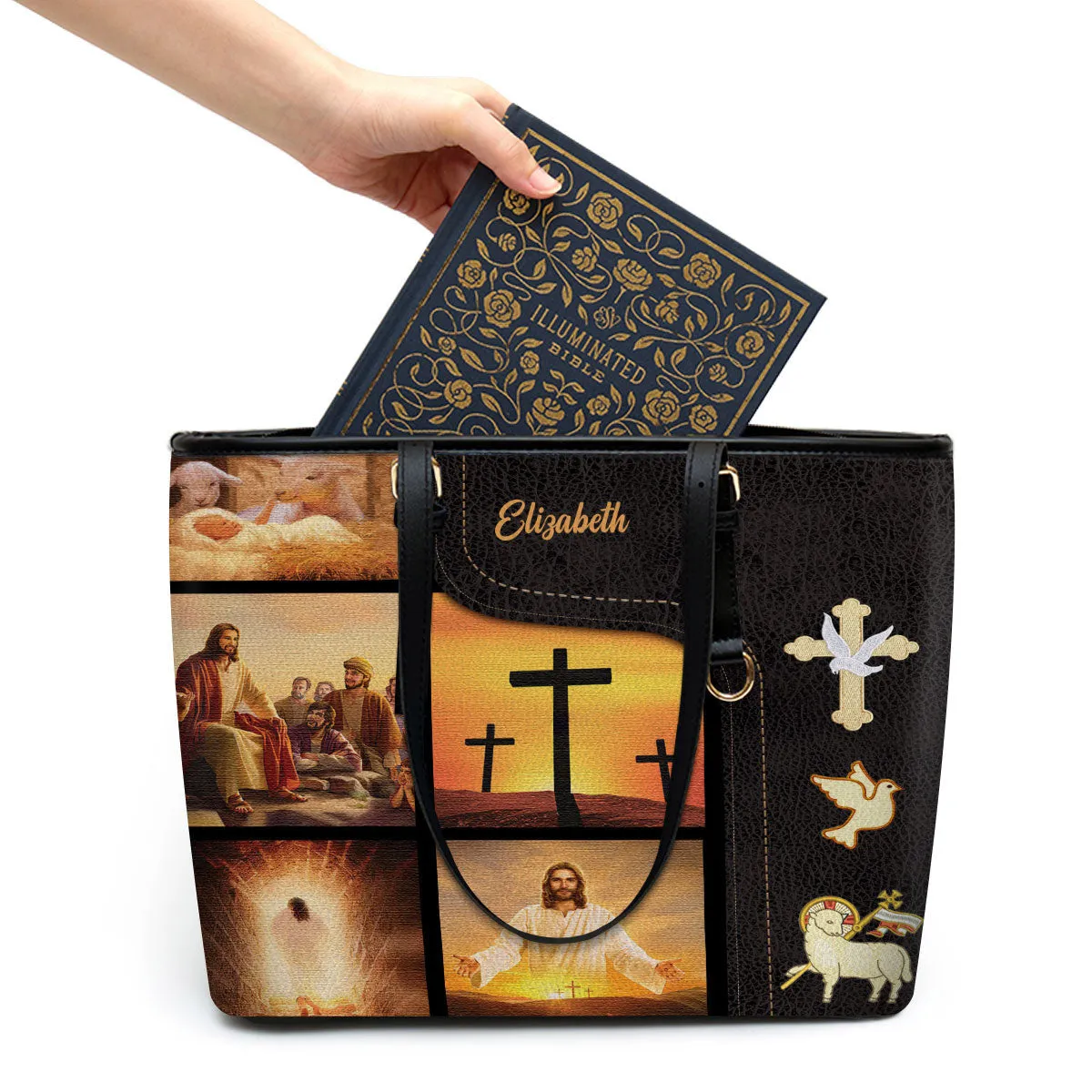 Picture of Jesus Personalized Large Leather Tote Bag - Religious Gifts For Women Of God