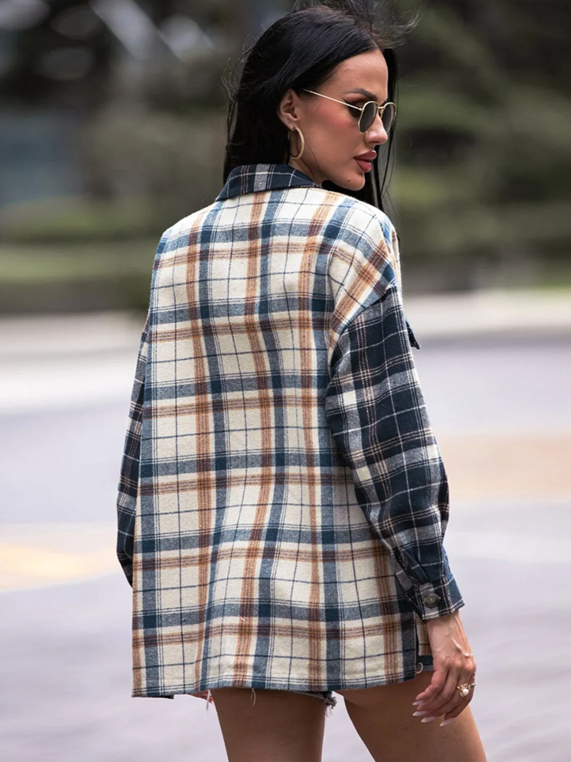 Shiny Plaid Dropped Shoulder Shacket