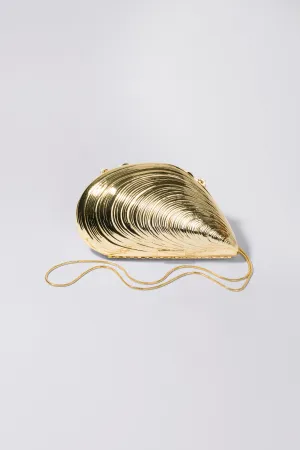 SIMKHAI - Bridget Metal Oyster Shell Clutch in Gold