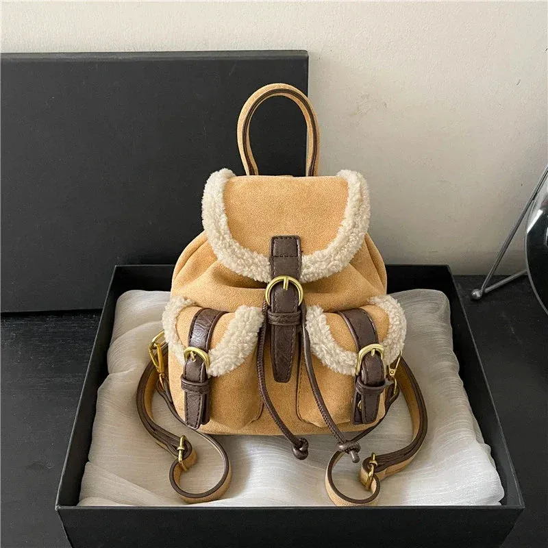 Sohiwoo Fashion Casual Faux Suede Solid Versatile Backpacks Winter 2025 High Quality Compact Popularity Personality School Bag for Women