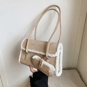 Sohiwoo Winter New Solid Color Suede Buckle Shoulder Bag Hot Sale Versatile Fashion Handbag Soft Simple Western Style Commuting Tote Bag