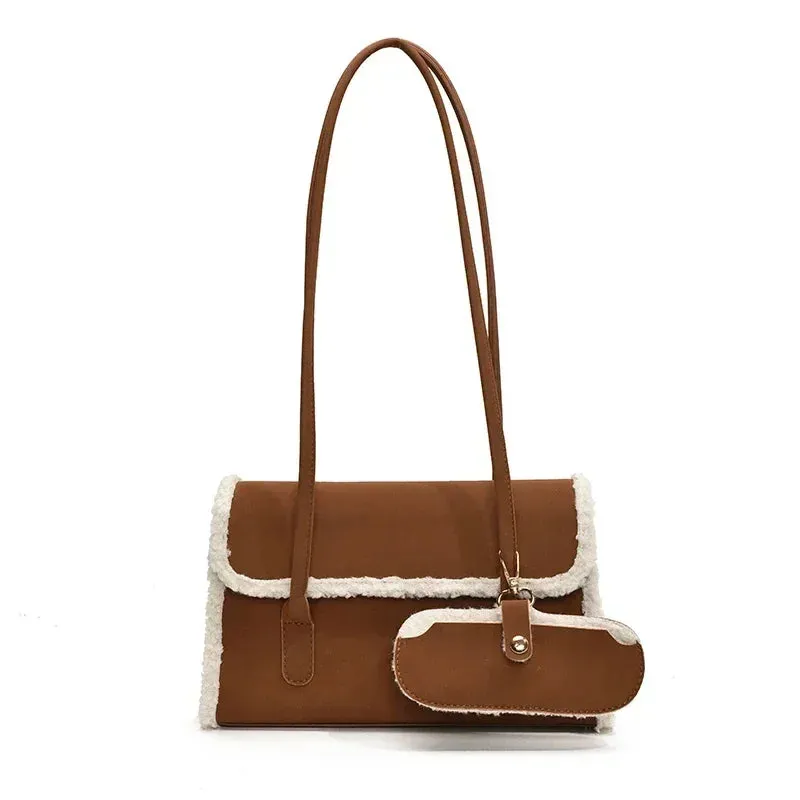 Sohiwoo Winter New Solid Color Suede Buckle Shoulder Bag Hot Sale Versatile Fashion Handbag Soft Simple Western Style Commuting Tote Bag