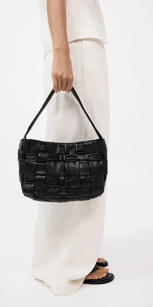 Textured Mini Woven Tote Black Leather