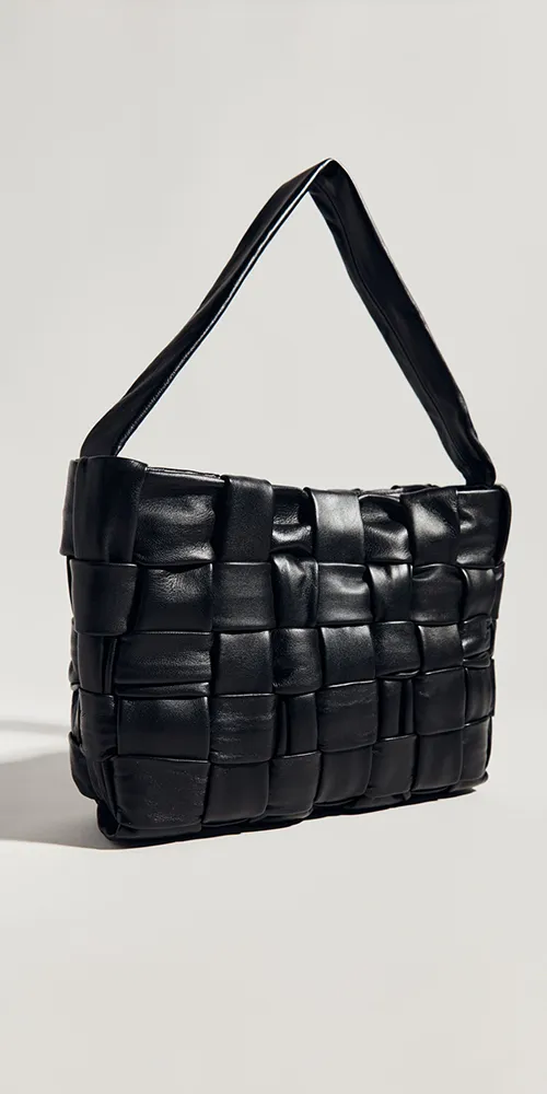 Textured Mini Woven Tote Black Leather