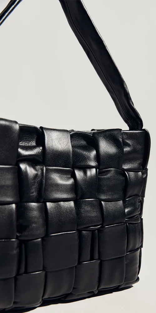 Textured Mini Woven Tote Black Leather