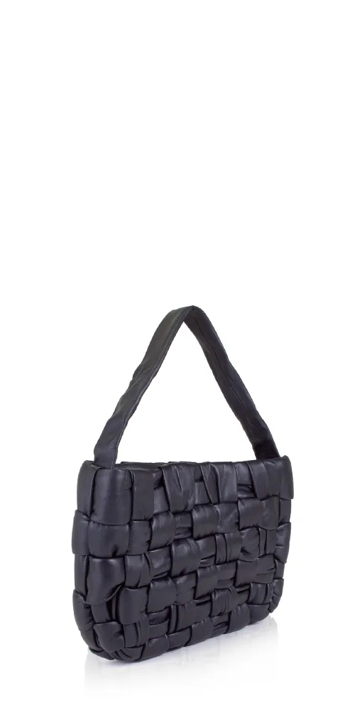 Textured Mini Woven Tote Black Leather