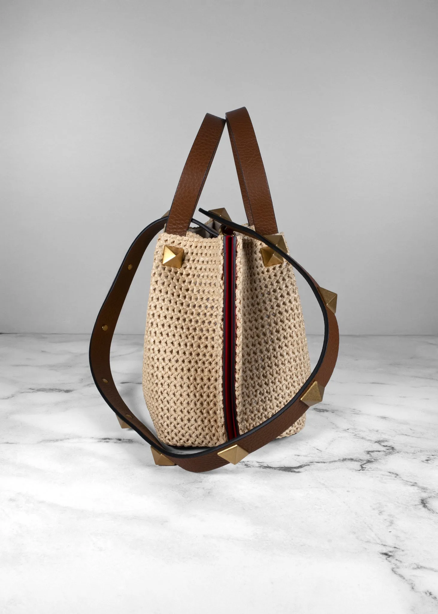 Valentino Garavani Raffia Grained Calfskin Small Rockstud Tote