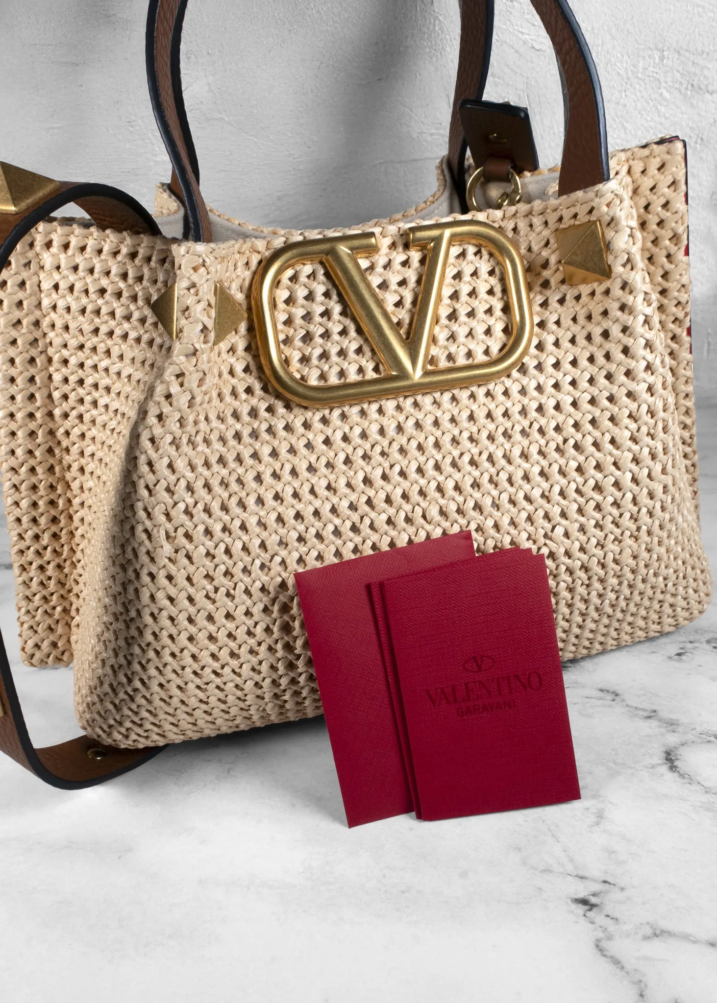 Valentino Garavani Raffia Grained Calfskin Small Rockstud Tote