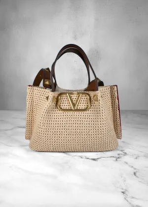 Valentino Garavani Raffia Grained Calfskin Small Rockstud Tote