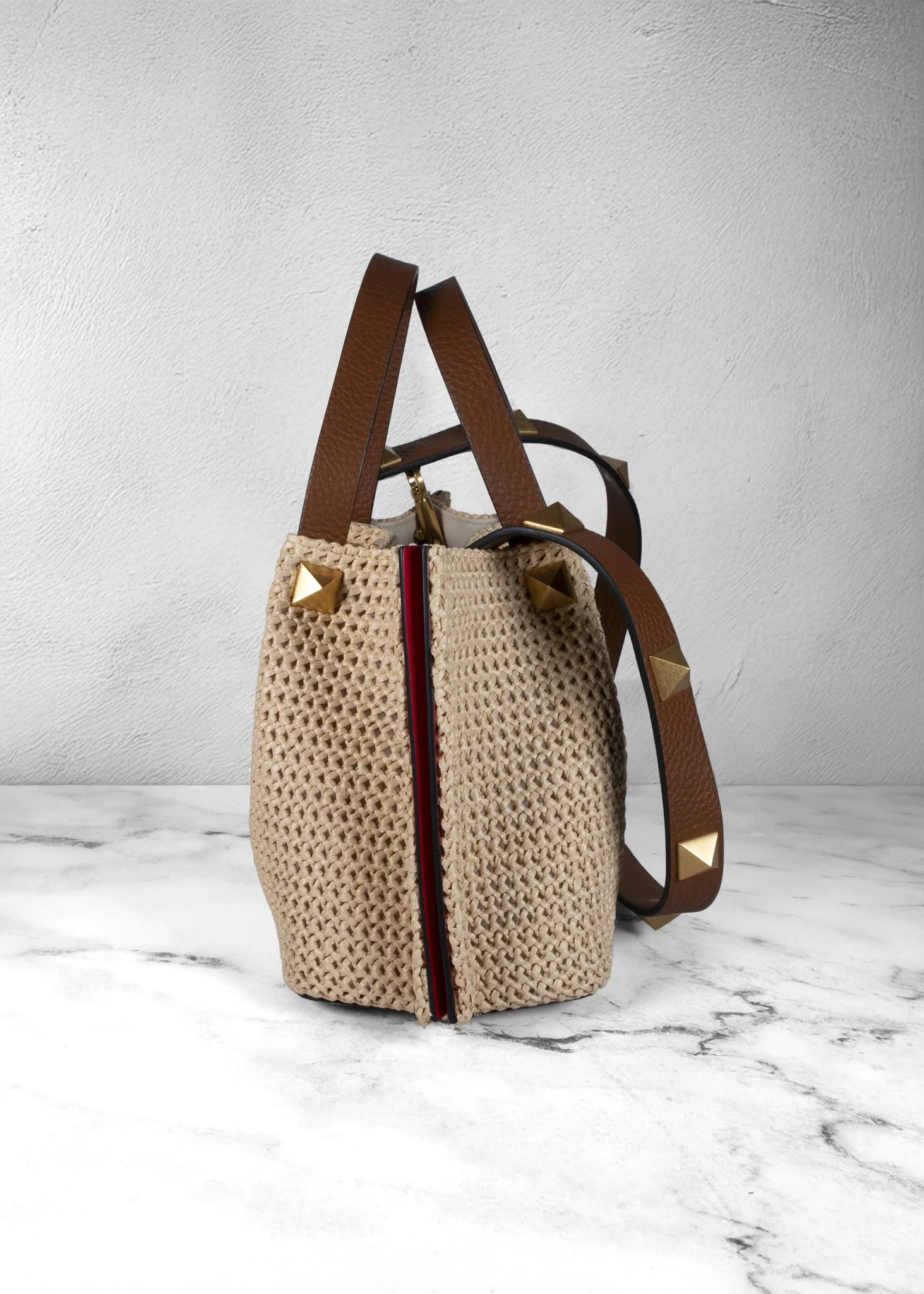 Valentino Garavani Raffia Grained Calfskin Small Rockstud Tote